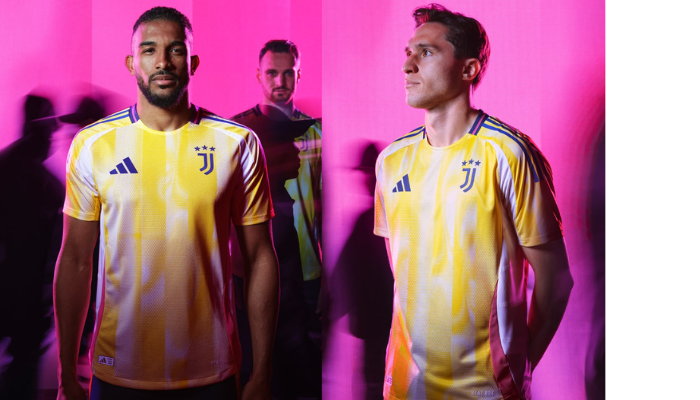 nova camisa reserva da Juventus para a temporada 2024-2025. O manto, produzido pela Adidas, possui um design inovador com predominância da cor amarela, em diferentes tonalidades, formando um degradê abstrato.